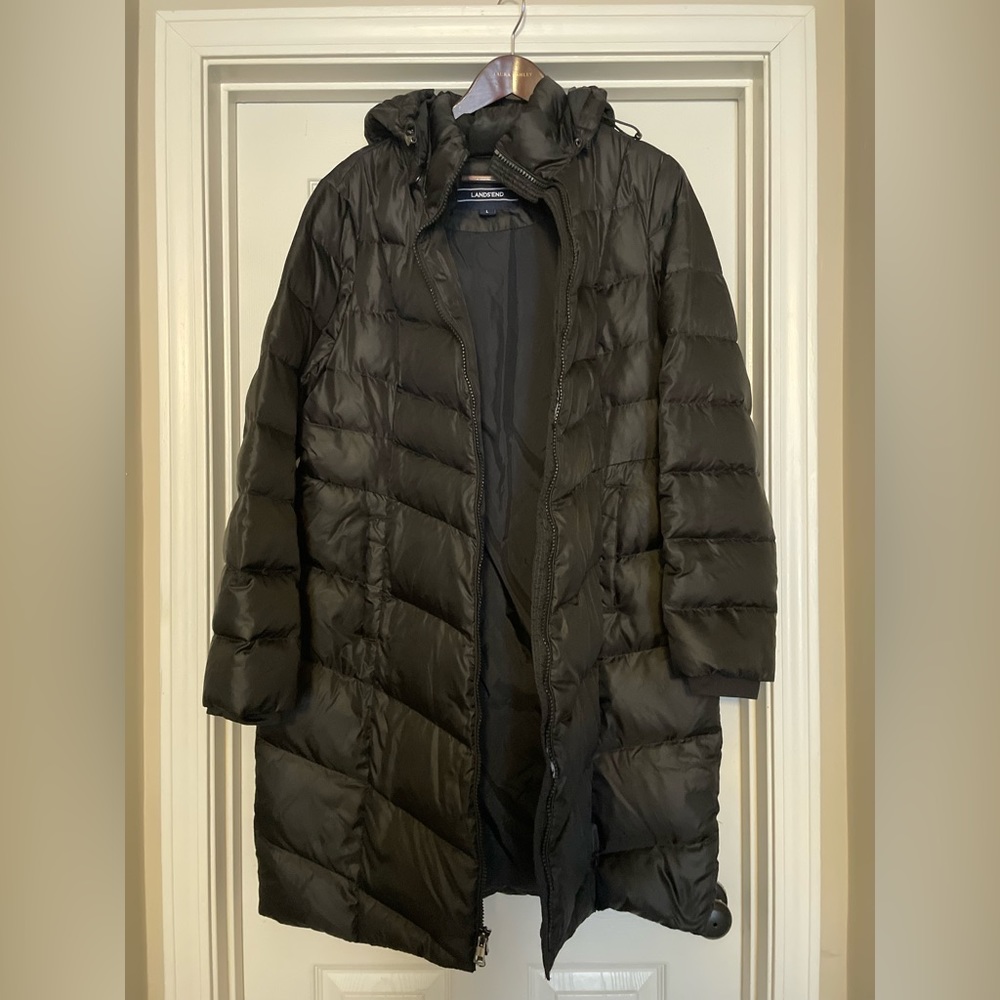 Lands End Ladies Black Maxi Coat L 14/16